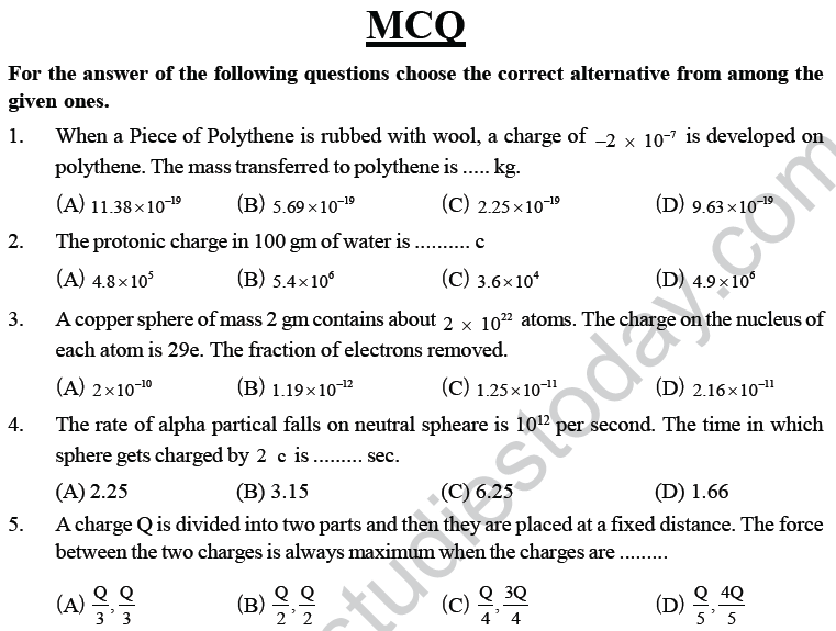 NEET UG Physics Electrostatics MCQs, Multiple Choice Questions
